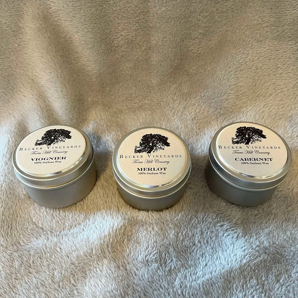 Becker Vineyards Texas Hill Co 100% Soy Tin Candles Set/3 NEW 25 Hours TEXAS HTF